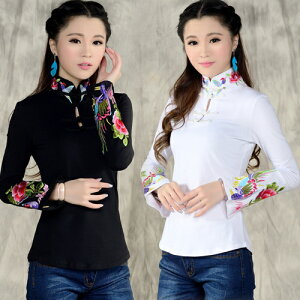 中國風2021春裝 民族風女裝上衣 繡花長袖棉t恤女修身 大碼打底衫
