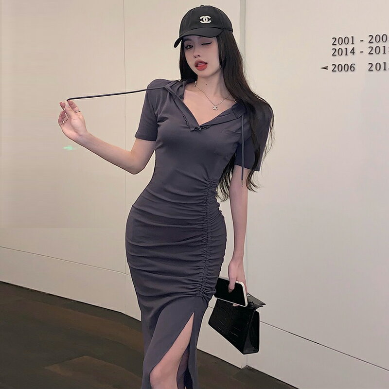 名媛御姐氣質V領連帽連衣裙女夏季新款修身抽繩開叉包臀T恤裙