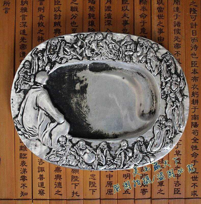 古玩 文房用品 文房四寶收藏 仿古精雕十八羅漢花紋銅硯臺