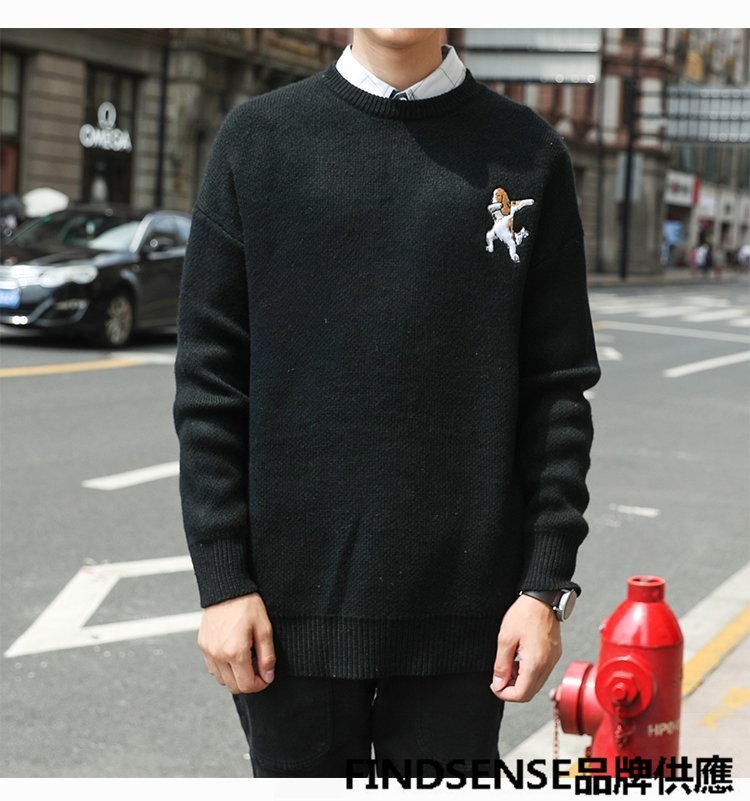 FINDSENSE品牌 秋冬款 新款 日本 男 高品質 個性 時尚 精緻卡通刺繡 毛衣 大碼 寬鬆針織衫 潮流上衣