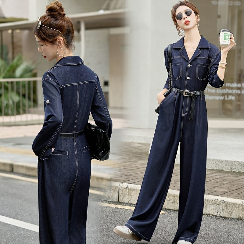 【巴黎精品】現貨+預購 韓風牛仔連身褲寬褲工裝褲落地褲休閒女裝-寬鬆西領直筒牛仔連身女褲子a1ln53