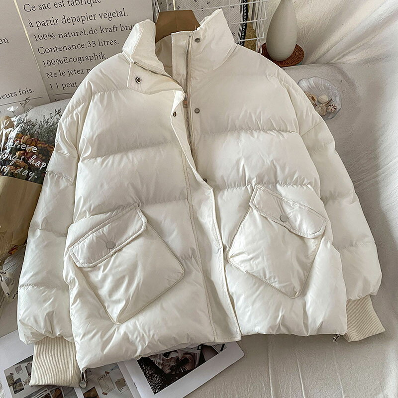 白色立領面包服女新款冬季韓系加厚保暖棉服高級感氣質外套