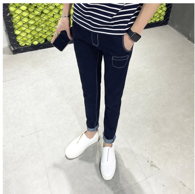 FINDSENSE品牌 新款 純色 裝飾 牛仔褲 男生 小口袋時尚小腳褲