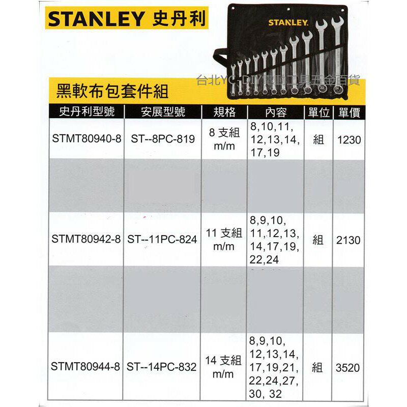 【台北益昌】美國史丹利 STANLEY STMT80942-8 11支組 黑軟布包套件組 梅開扳手