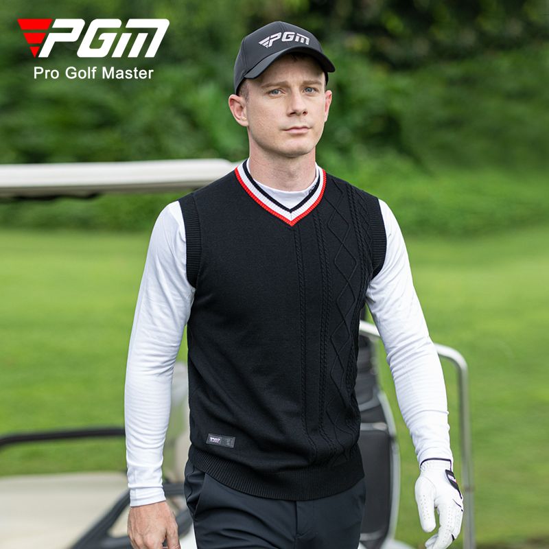 PGM 高爾夫服裝男士毛衣背心 秋冬季保暖男裝提花編織V領毛織馬甲