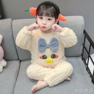 兒童睡衣秋冬季加厚女童法蘭絨卡通可愛女孩寶寶珊瑚絨家居服套裝