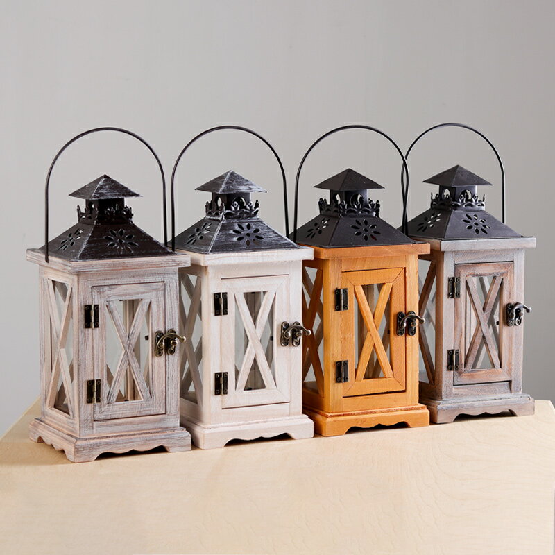 歐式復古燭臺玻璃風燈擺件做舊花園裝飾防風手提馬燈木質燈籠裝飾