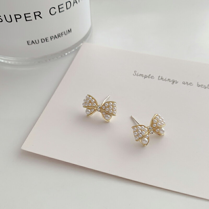 珍珠蝴蝶結耳釘簡約女小巧百搭氣質高級大氣耳環韓國網紅可愛耳飾