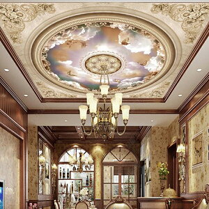 3d立體歐式酒店吊頂壁畫中式花朵天花板頂棚背景墻紙古典復古壁紙