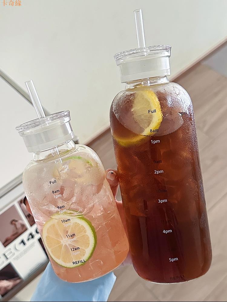 雙蓋玻璃水杯女生高顏值簡約杯子耐高溫仙女杯帶吸管便攜牛奶杯男
