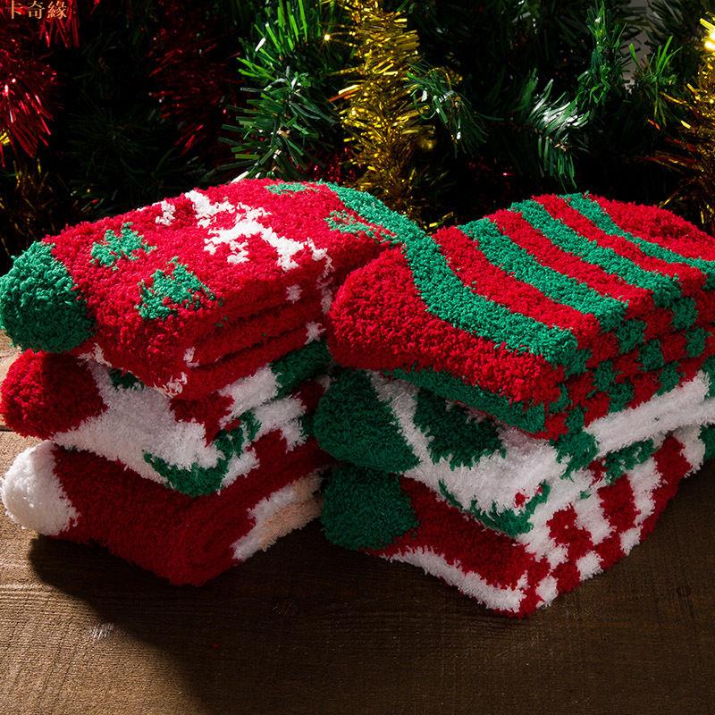 珊瑚襪子冬季半邊保暖中筒情侶親子加厚麋鹿地板韓版男女圣誕中筒