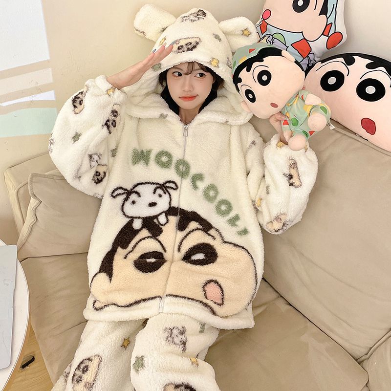 秋冬季珊瑚絨睡衣女連帽蠟筆小新卡通加厚法蘭絨拉鏈款家居服套裝