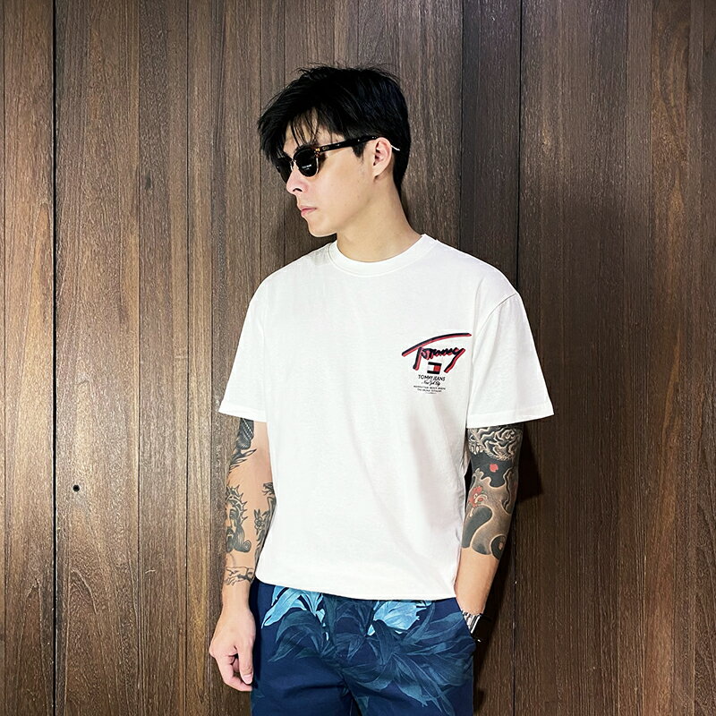 美國百分百【全新真品】Tommy Hilfiger 短袖 棉質 T恤 TH 上衣 logo 短T 米白 CW61