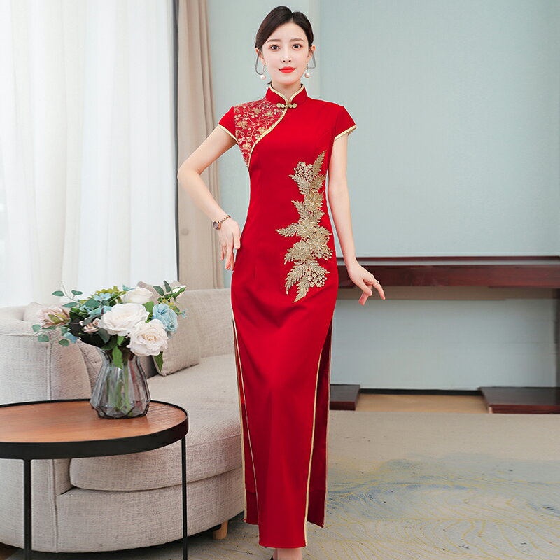 新款長款優雅顯瘦紅色禮儀中國風秀舞臺走秀高階演出服女旗袍