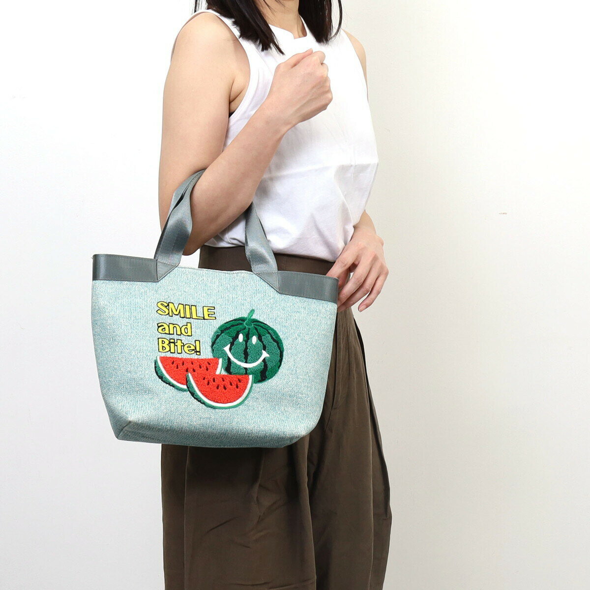 日本進口 smile x cooco 微笑主題 刺繡 手提袋 (綠色/西瓜)｜小鶴日貨