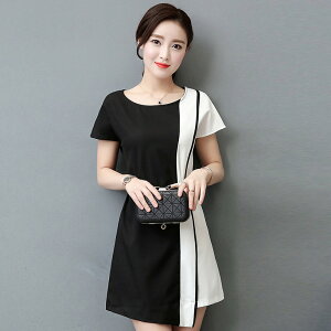 FINDSENSE G5 韓國時尚 中長款 顯瘦 大尺碼 短袖 黑白 簡約 連身裙