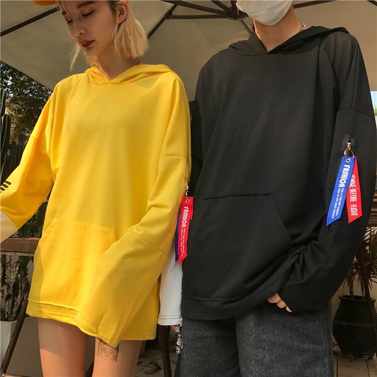 FINDSENSE Z1 日系 時尚 潮 男女 情侶款 時尚 拼接 飄帶 連帽 長袖T恤 上衣 衛衣