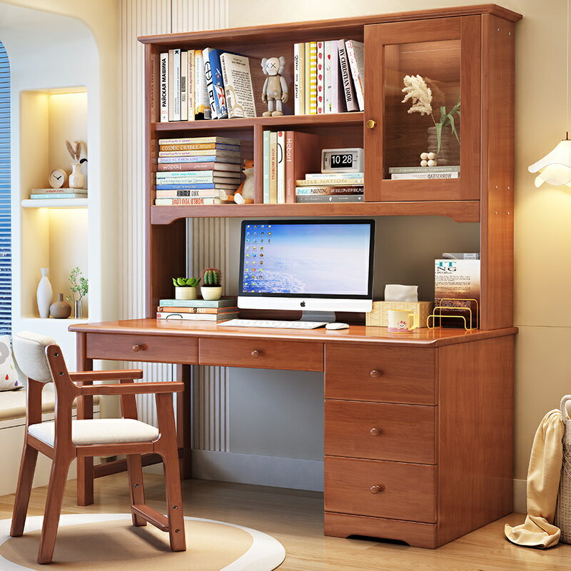 簡易現代實木電腦桌書桌書柜組合式辦公桌家用臥室成人學生寫字桌 5