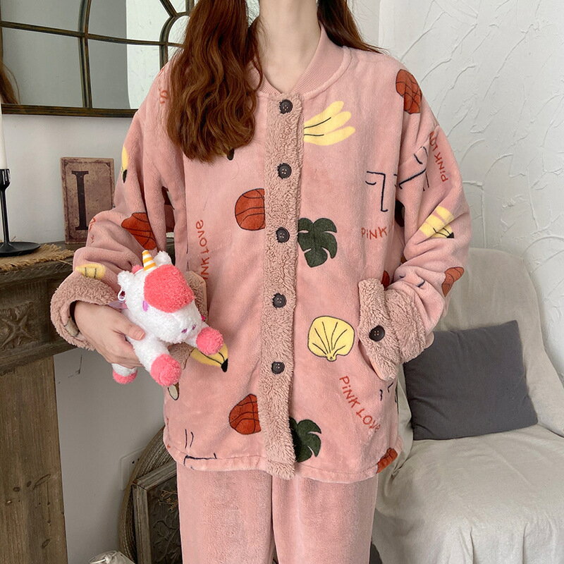 秋冬季睡衣女法蘭絨開衫保暖加厚寬松加大碼加絨珊瑚絨家居服套裝