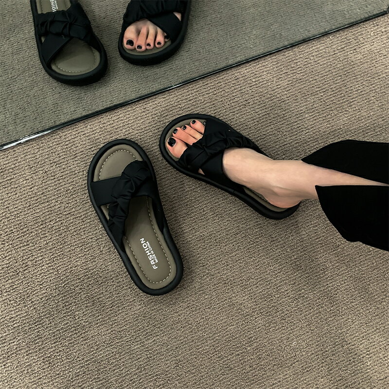 黑色拖鞋女夏季外穿2024新款法式絕美高級感厚底精致時尚百搭涼鞋-樂購