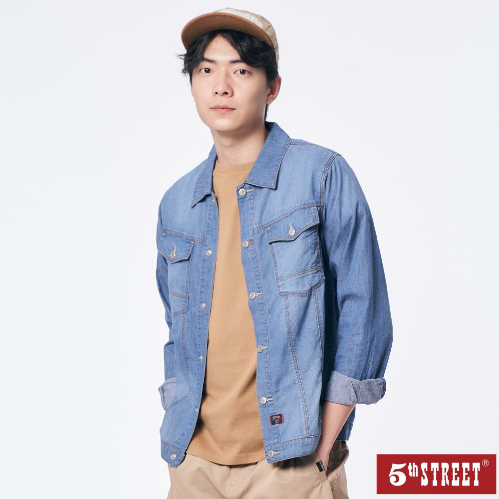 男簡約設計雙口袋長袖牛仔襯衫-中古藍【5th STREET】