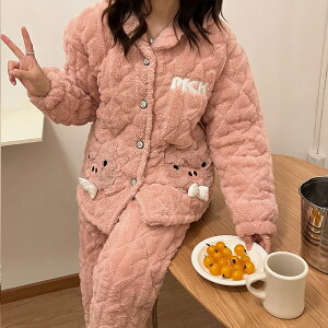 韓版睡衣女冬季三層加厚加絨夾棉保暖甜美網紅時尚爆款家居服套裝