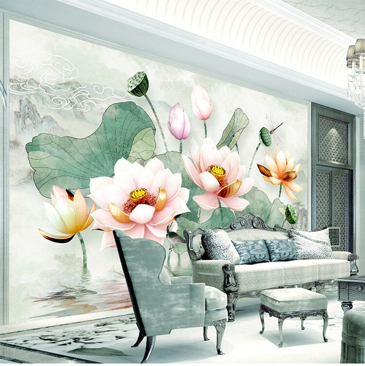 3d立體影視墻布現代中式荷花蓮花8d畫沙發客廳臥室電視背景墻壁紙