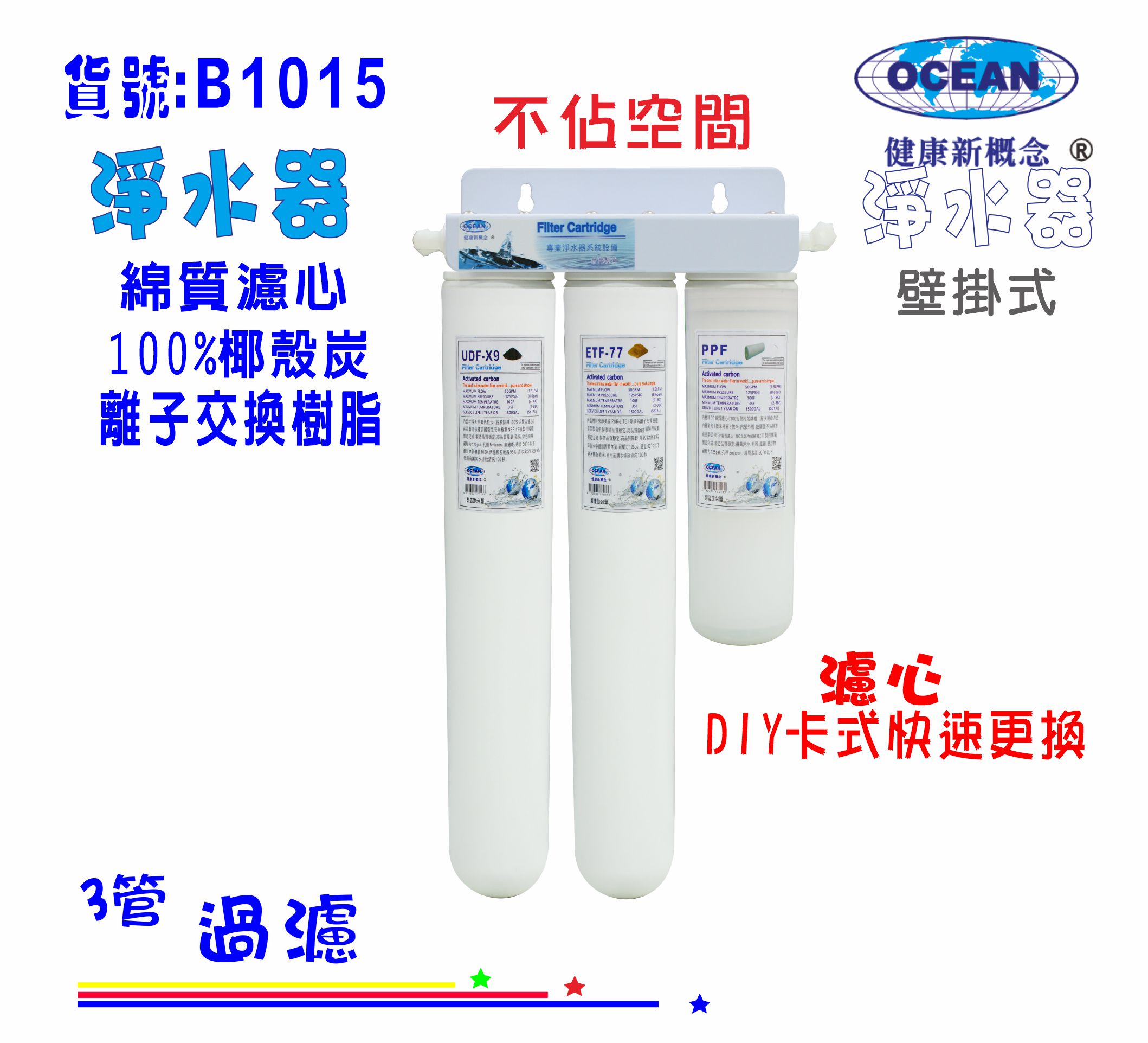 濾水器卡式三管除氯濾心水垢雜質淨水器(加長型)過濾器.咖啡機.製冰機.電解水機、飲水機貨號:B1015【七星淨水】