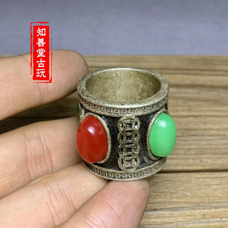 仿古鍍銀戒指銀匠手工鑲嵌紅綠寶石吉祥紋飾扳指男士指環大拇指