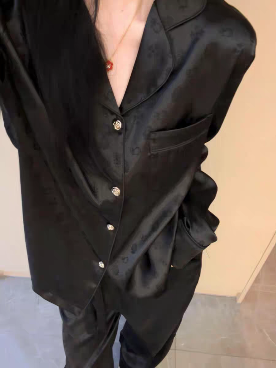 ins韓版黑色月光綢緞面冰絲睡衣女春秋款長袖長褲家居服套裝大碼