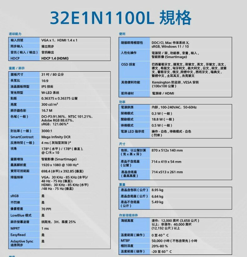 PHILIPS 飛利浦 32E1N1100L 32吋 VA 100Hz 螢幕 電腦螢幕 5