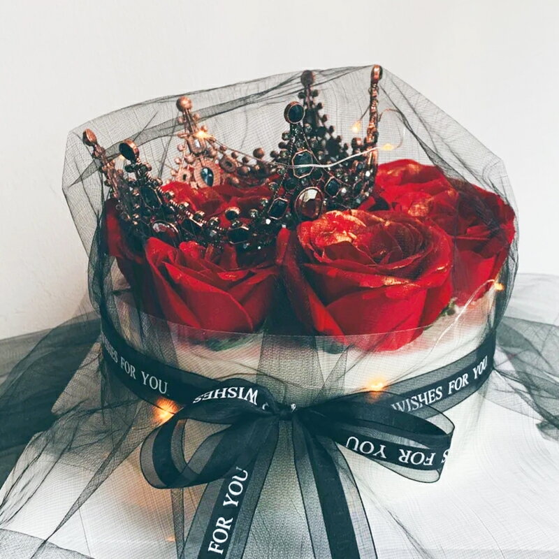 七夕情人節創意網紅玫瑰花束黑色網紗皇冠蛋糕裝飾品擺件生日插件