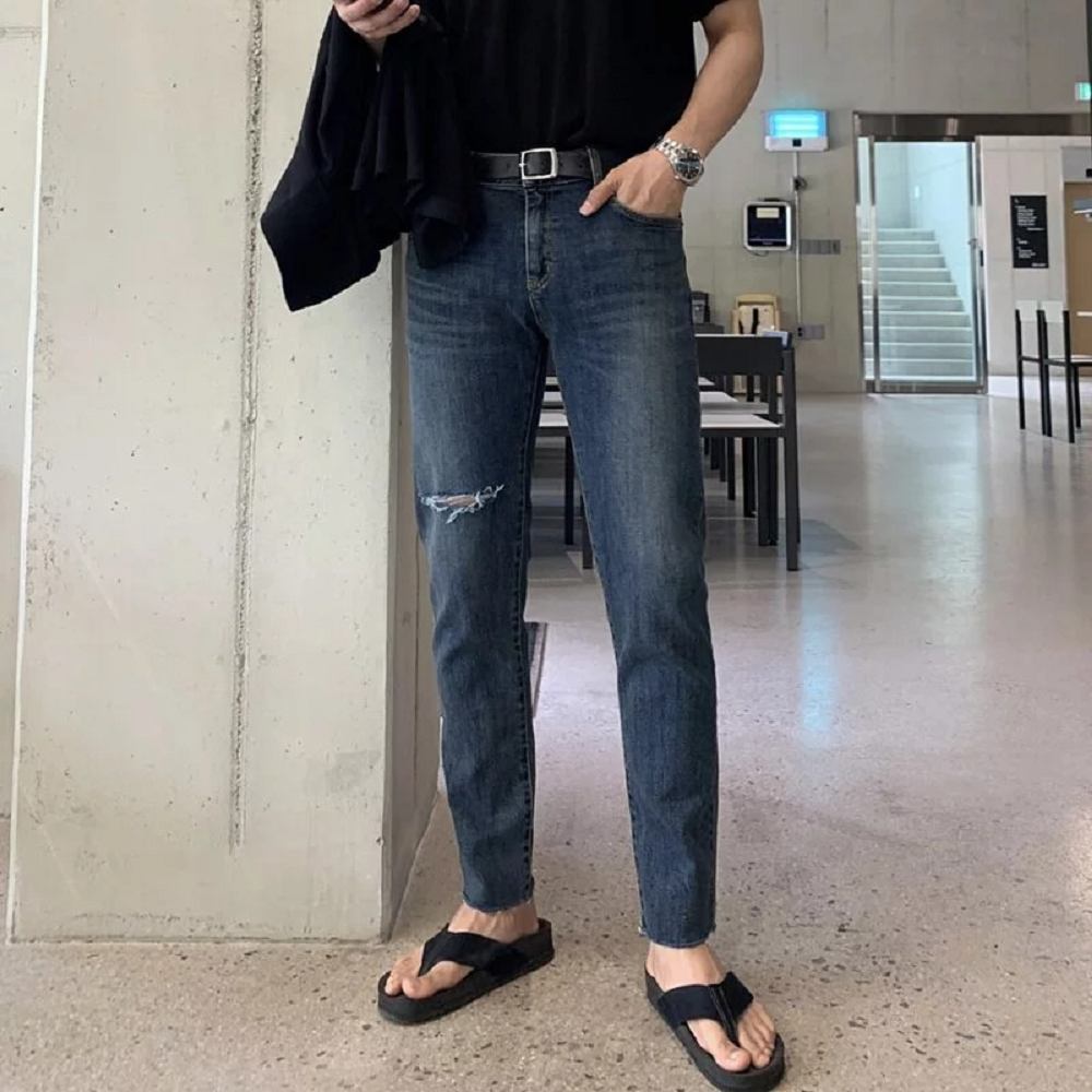 韓國單邊刀割水洗暗藍牛仔長褲 3