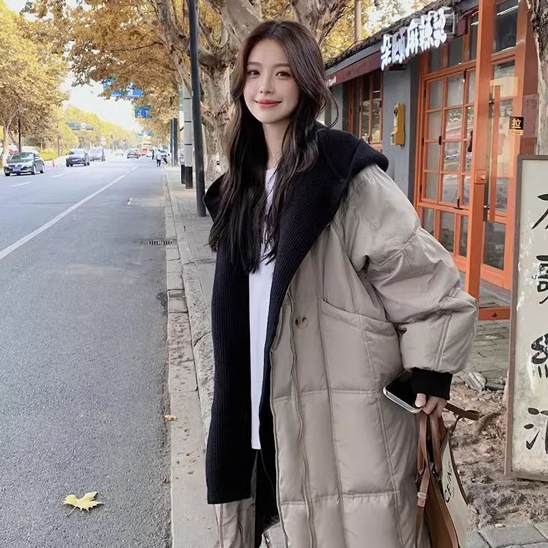 快速出貨/羽絨外套 長大衣 連帽拼接羽絨服女冬季新款流行韓系中長款加厚保暖白鴨絨外套