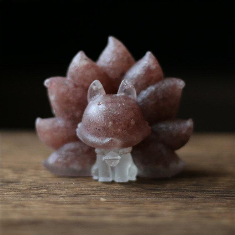 天然水晶碎石草莓晶紫晶大九尾狐貍半寶石滴膠擺件居家辦公小禮品