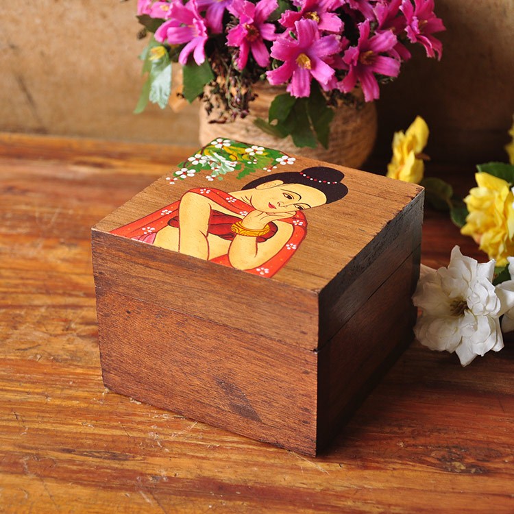 東南亞特色手繪首飾盒 泰國工藝品創意禮品擺件美女收納盒1入
