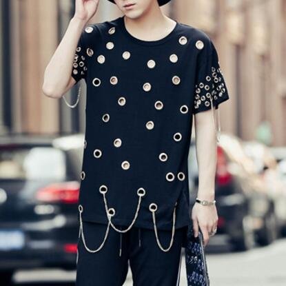 FINDSENSE品牌 男 時尚 街頭 潮 朋克 金屬鉚釘圓圈 寬鬆 短袖T恤 特色T恤