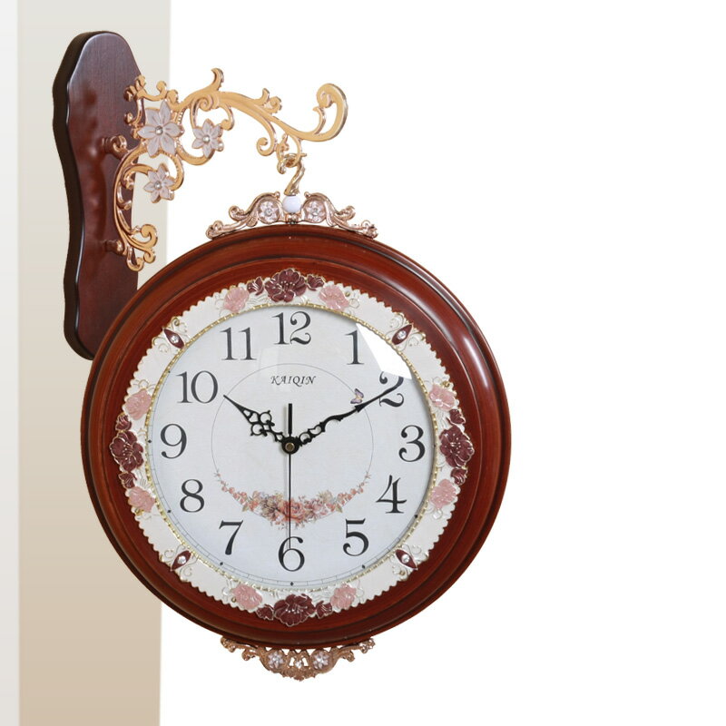 凱琴歐式木雙面掛鐘創意靜音金屬田園掛表家居客廳臥室時鐘表