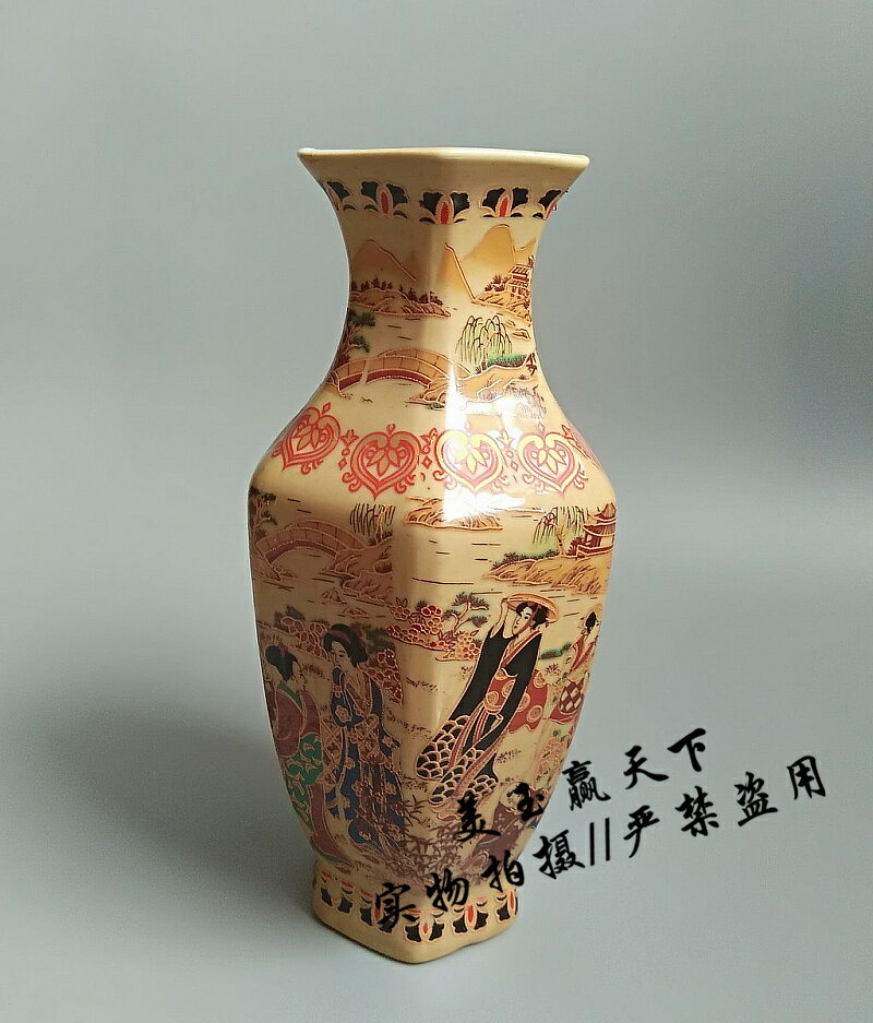 古玩瓷器收藏 景德鎮陶瓷器 琺瑯彩侍女六方瓶 花瓶擺件 使用饋贈