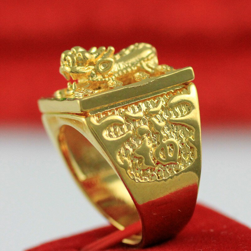 越南沙金男士鏤空龍頭戒招財貔貅大男戒指送男友黃銅鍍金首飾