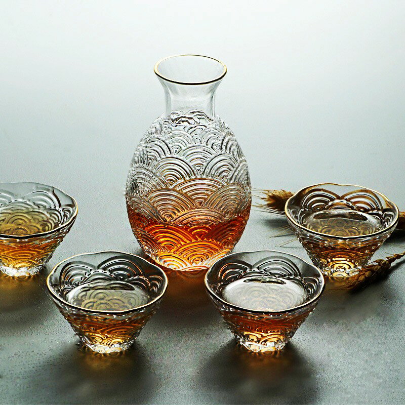 清酒壺 酒壺 日式玻璃錘紋小酒壺鷹嘴一口杯子小酒杯果酒清酒家用白酒杯分酒器『ZW10274』 2