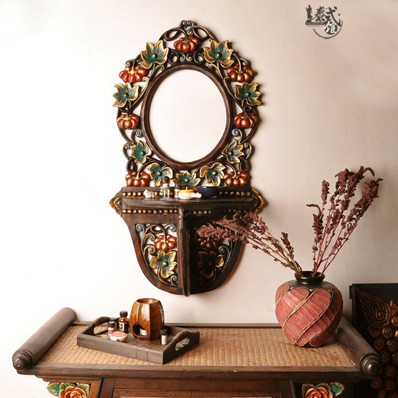 泰國木雕彩繪南瓜花浴室鏡會所衛生間裝飾美容鏡框理發店特色鏡子