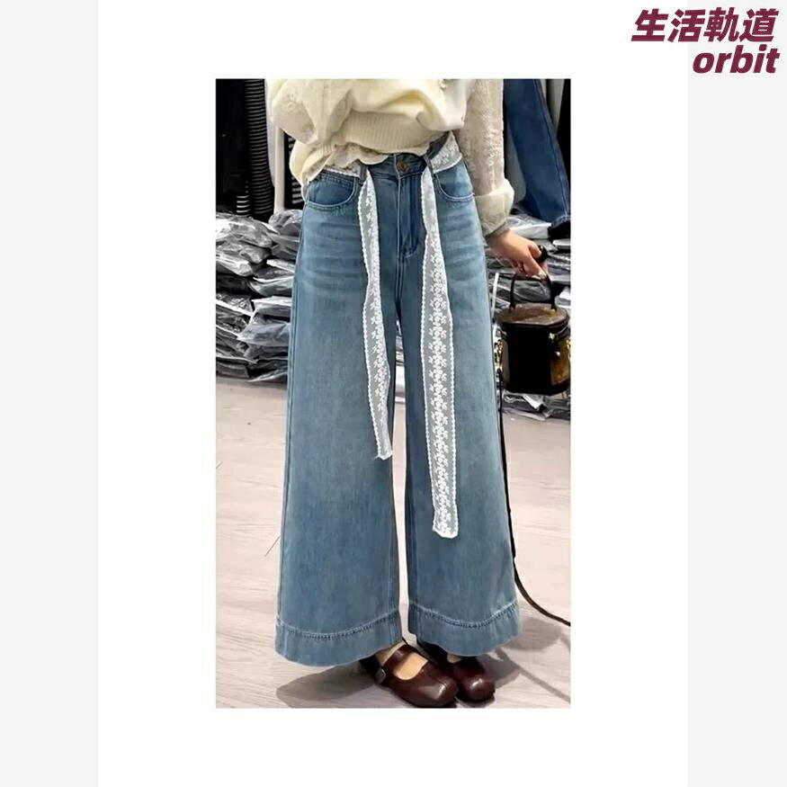 女生牛仔褲推薦，女生牛仔褲推薦-牛仔寬褲推薦到【顯瘦百搭】蕾絲腰帶牛仔褲 直筒褲 闊腿褲 高腰褲 女褲 春季新款 垂感寬鬆 通勤休閒 復古港風