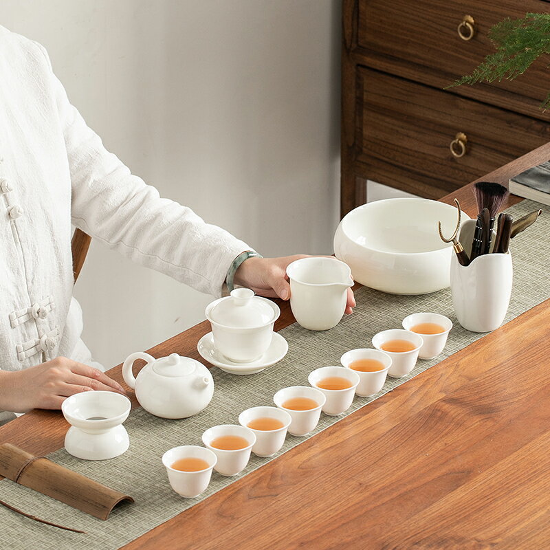 羊脂玉功夫茶具套裝整套白瓷家用會客辦公室泡茶陶瓷蓋碗茶杯茶壺