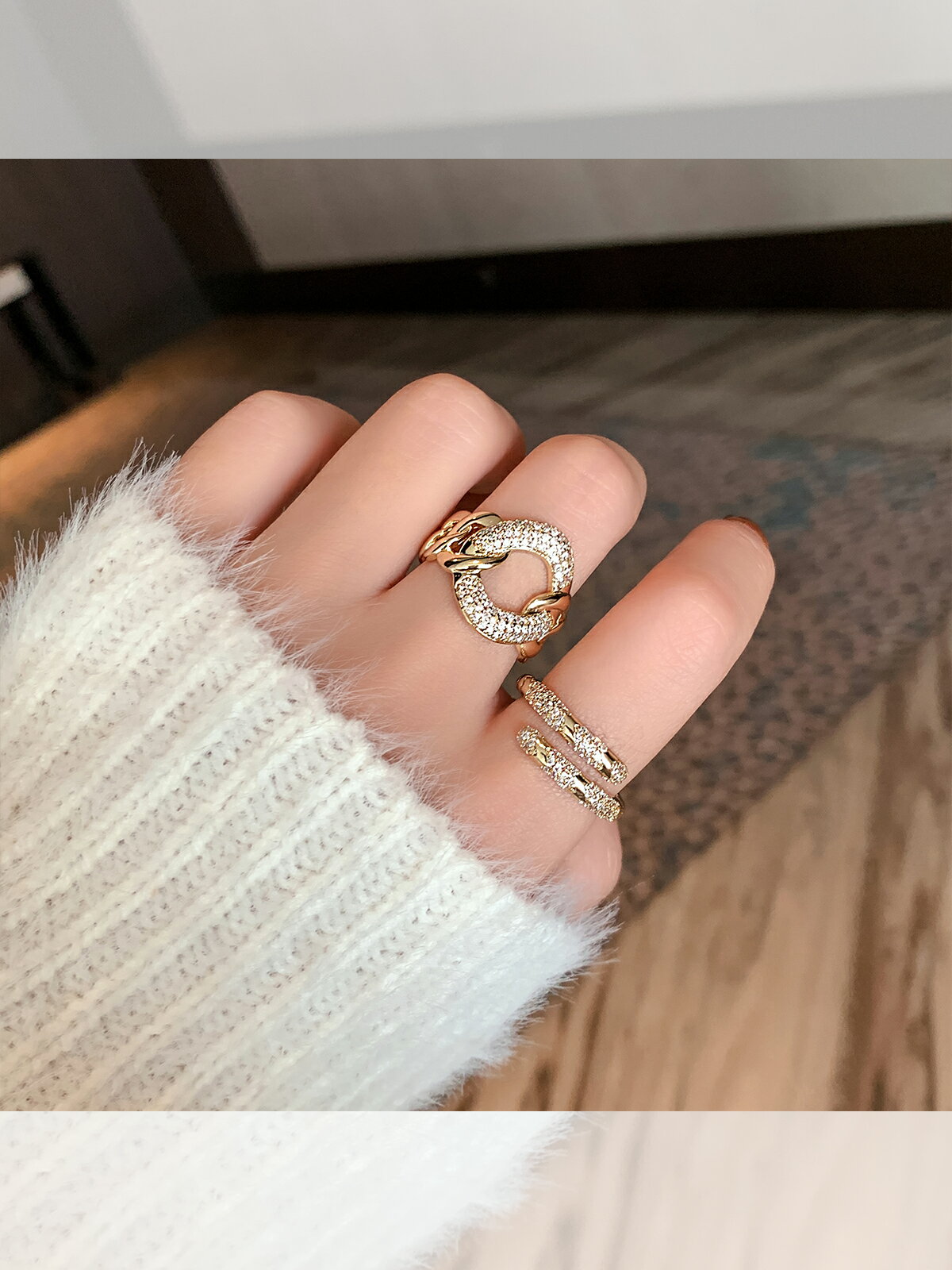 鏈條設計感戒指女時尚個性開口戒閃鉆微鑲精致指環韓版網紅食指戒