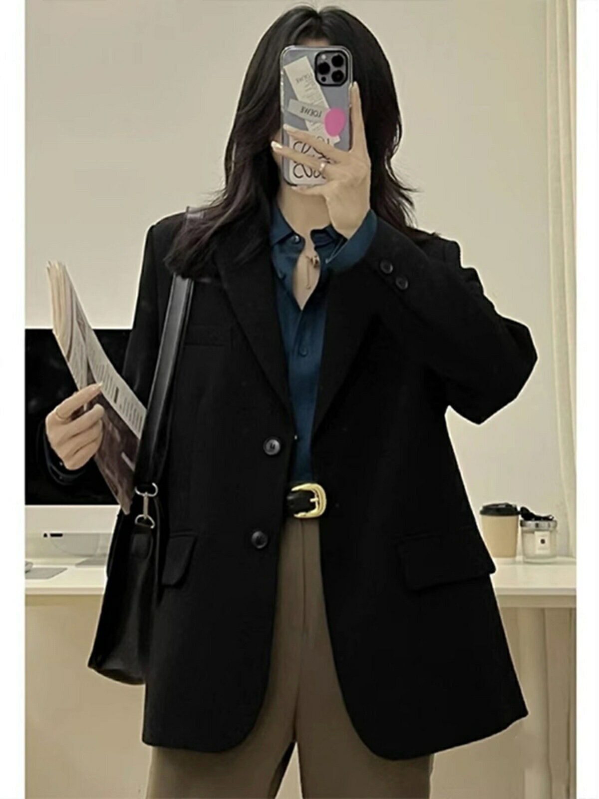 黑色正肩西裝外套女小個子2024春秋季新款韓版高級感炸街休閑西服【淘夢屋】