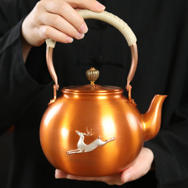 鎏銀銅壺燒水壺紫銅燒茶壺純銅煮水煮茶壺手工家用茶具電陶爐套裝