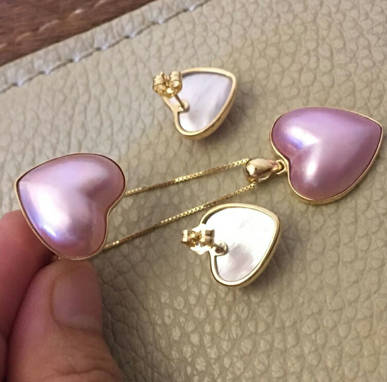 18K包邊馬貝珍珠吊墜馬貝珍珠耳釘馬貝珍珠戒指天然粉色心形 1