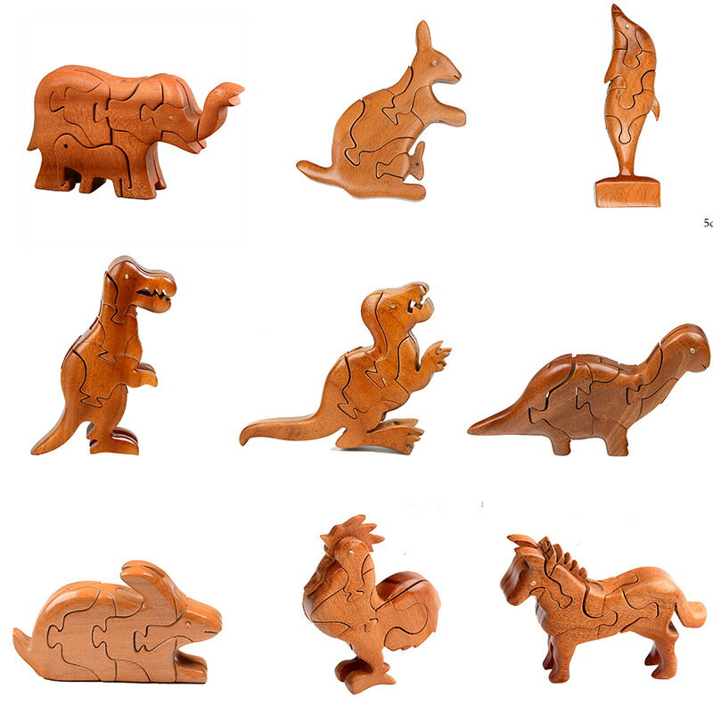 木制十二生肖兒童益智拼插積木玩具恐龍大象拼圖榫卯結構動物模型