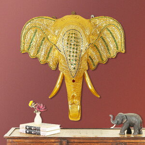 泰國木質金色大象頭壁掛東南亞風格軟裝飾品創意客廳臥室墻面壁飾
